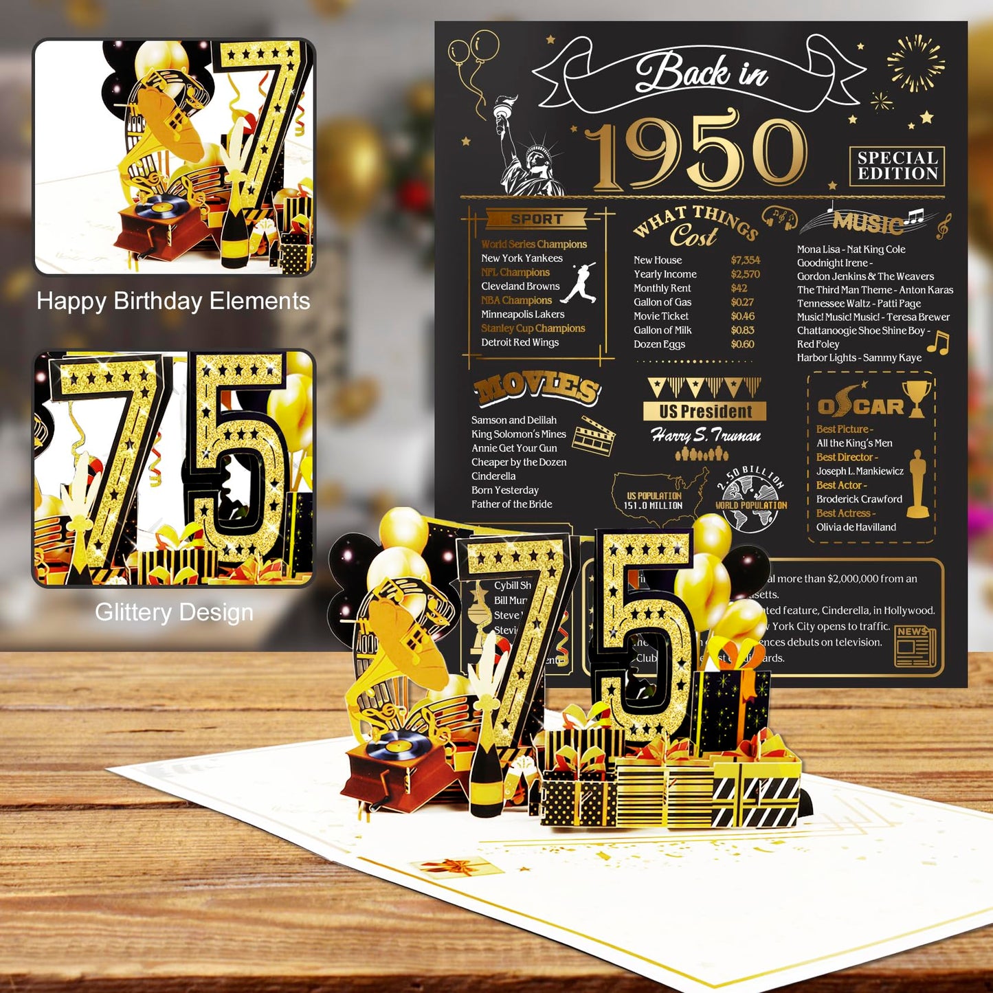 OLOSONG 75th Birthday Card for Men Women, Funny 3D Pop Up 75th Birthday Gifts for Grandma Mom Dad, Back In 1950 Happy 75 Year Old Birthday Decorations Cards for Her Him