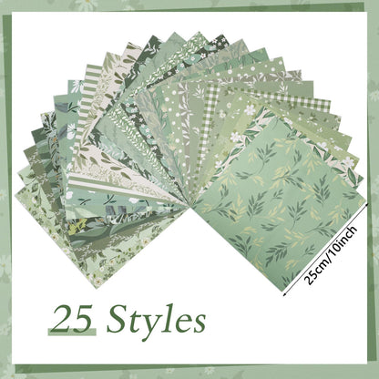 25 Pcs Sage Green Quilting Fabric Scraps, 10''x10'' Green Cotton Fabric Squares Vintage Precut Quilt Kits Include Floral Pattern Spring Leaf Print for DIY Craft Supplies