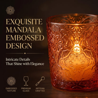 12 Pack Mandala Embossed Glass Candle Holders – Votive Tealight Holders with Patent Design, Decorative Embossed Glass Cups for Wedding Centerpieces, Parties, and Home Décor (Pumpkin Spice)