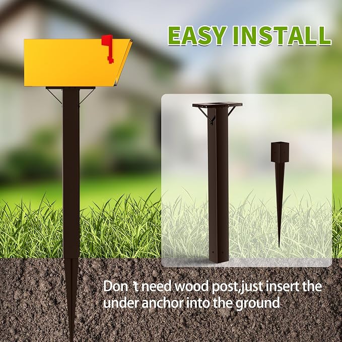 BOUGOON Bronze Metal Mailbox Post for Outside,43x 4X 4 inch Heavy Duty In-Ground Mounting Post with Anchor for Easy Install Mailbox Use