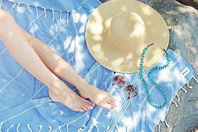 Bersuse Towels Anatolia XL Beach Blanket Throw Blanket Turkish Towel 100% Cotton Extra-Large Quick-Dry Lightweight Premium Peshtemal Towel - 61x82 Inches, Grey Blue (Set of 3)