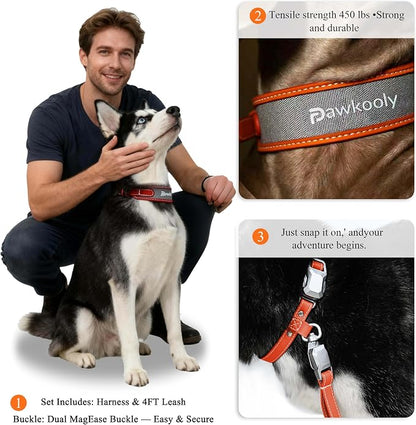 MagEase Dog Collar with 4FT Leash | Adjustable | Anti-Wrinkle, Bite & Stain-Resistant Leather | Soft & Skin-Friendly | 450LB Escape-Proof Magnetic Buckle (Orange, Extra Large)