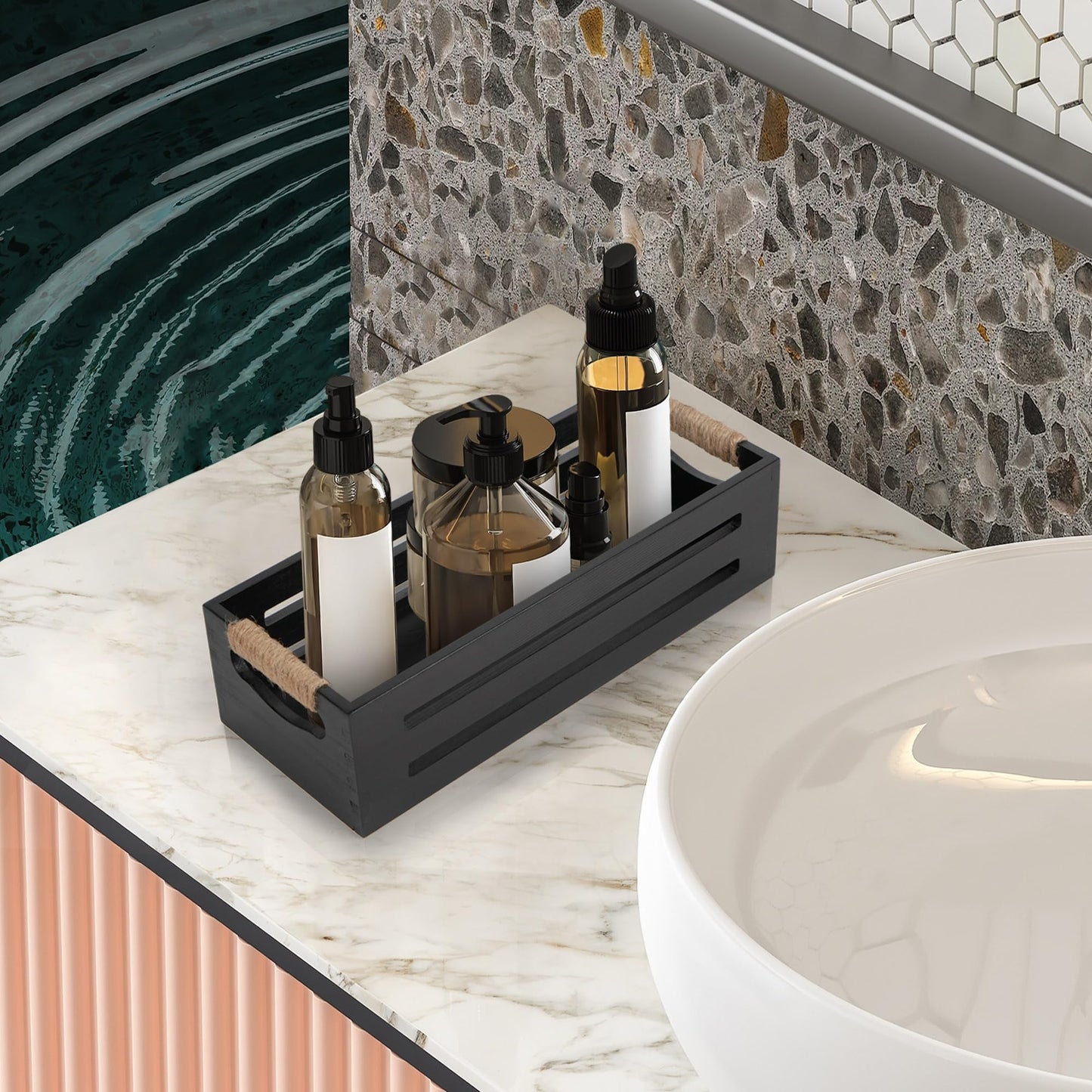 LotFancy Bathroom Decor Box, 2 Pack Toilet Tank Topper Basket, Wooden Bathroom Basket, Back of Toilet Storage Basket, Black Farmhouse Toilet Paper Holder