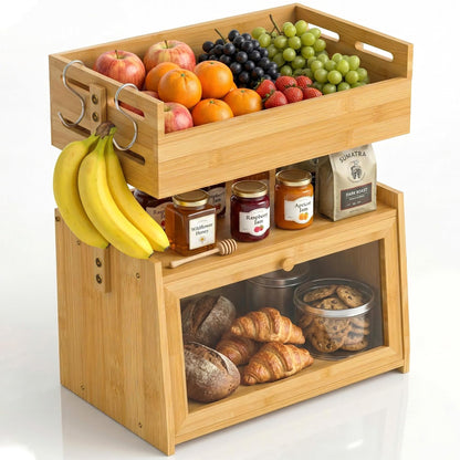 Bamboo Bread Box with Fruit Basket, 2-in-1 Kitchen Countertop Organizer
