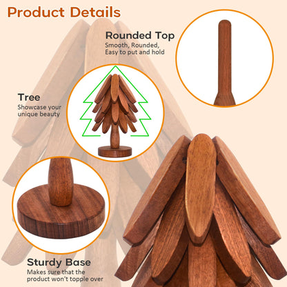 Wooden Trivets for Hot Dishes, Wooden Tree Trivet Set of 4 for Easy Storage - Suited for Hots, Pans/Bowl, Teapot, Hot Holders - Multifunctional Ornaments (Dark - 4 PCs)