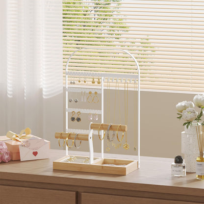 BMOSU Jewelry Organizer Stand with Velvet Ring Holder 2 Bracelet Holder Display 4 Tier Jewelry Rack with 8 Necklace Hooks and 48 Earring Holes Organizer Storage Wooden Box White