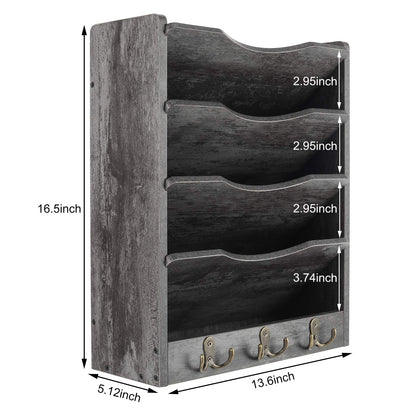 PAG 5-Tier Wall File Holder Hanging Mail Organizer Wood Magazine Literature Rack with 6 Hooks, Dark Gray