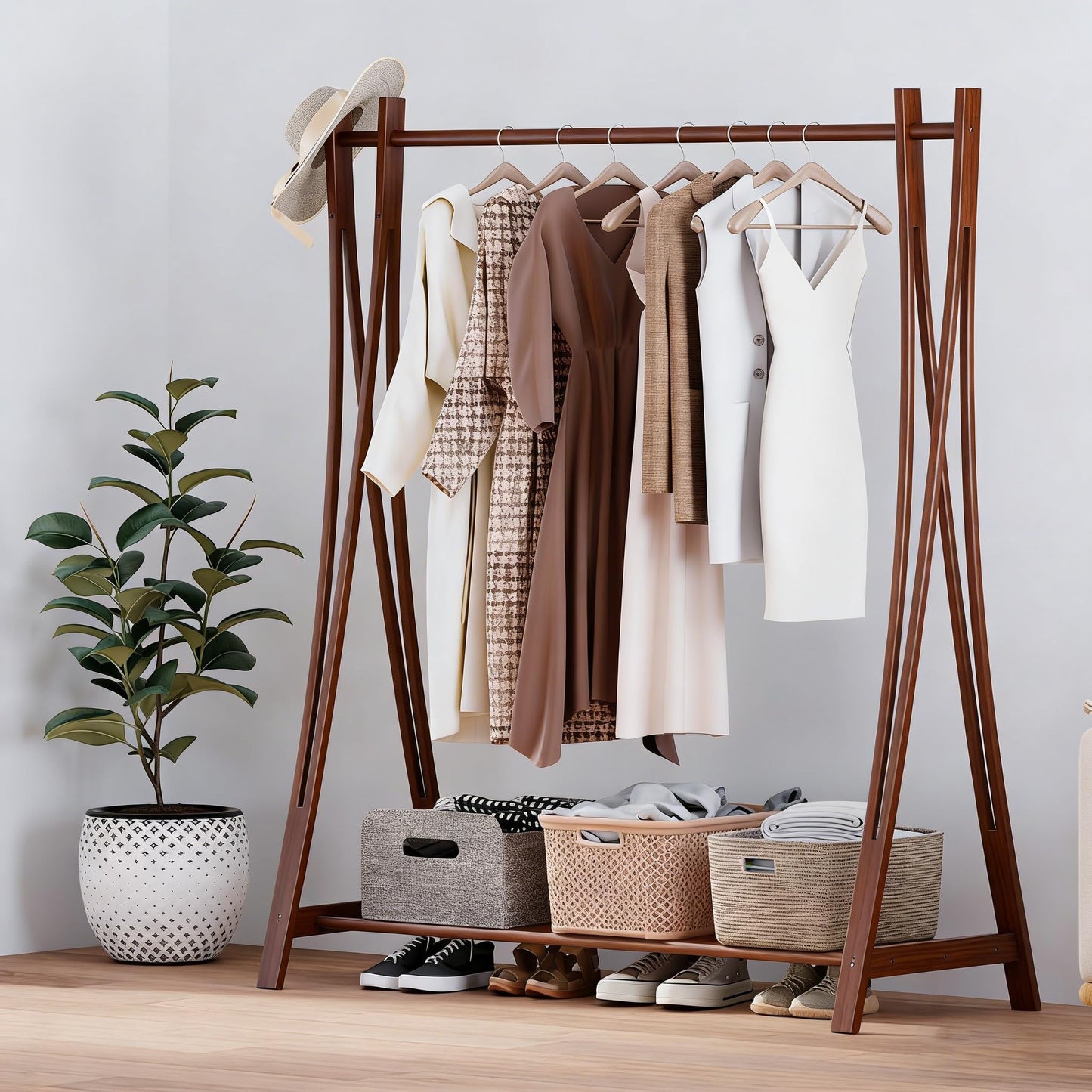 LEMODOR Wooden Retail Display Hanging Clothes Rack with Storage Shelf, 52" W x 57" H Freestanding Heavy Duty Clothing Drying Garment Rack for Hanging Clothes, Coat, Dress, Shirt, Hat