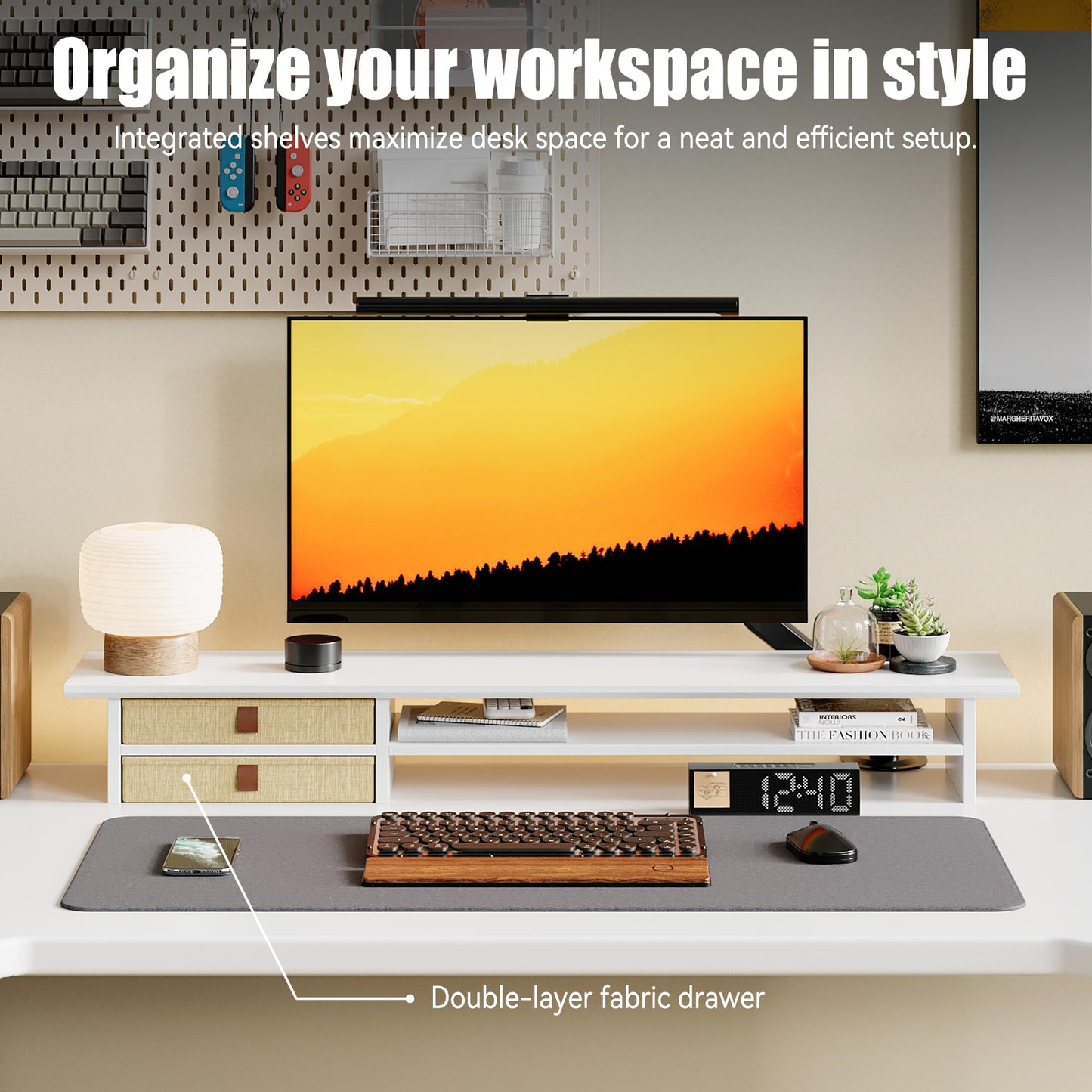 FENSULN Dual‑Tier Monitor Stand Riser with Drawers, Desktop Organizer Shelf Storage for Computer Screen 2 Monitors, Supports for PC Computer Monitor, Printer, Heavy TV Riser White
