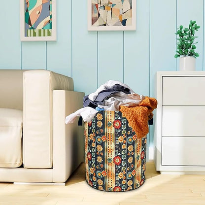Folk Flower Art Laundry Basket Boho Floral Print Oxford Cloth Laundry Hamper