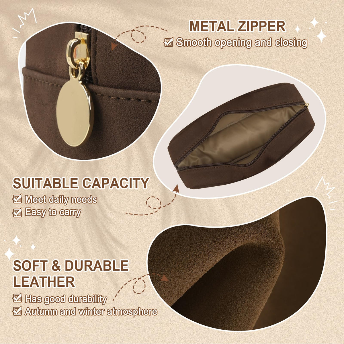 UIXIZQ Waterproof Small Makeup Bag for Purse,Cute Pouch Preppy Suede Makeup Brush Holder with Zipper,Girls Teens Portable Storage Case Small Travel Toiletry Bag for Office(Slim-Coffee)