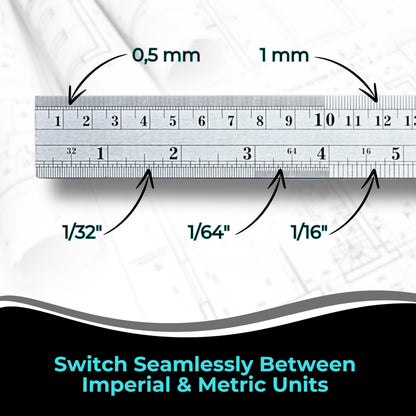 NOKKO Metal Ruler 12 Inch - Pack of 10 - Measuring Set of 12-Inch / 30 cm Stainless Steel Rulers with Imperial & Metric Measurements & Conversion Table - Metal Straight Edge Ruler for Cutting