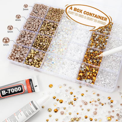 14400PCS Flatback Rhinestones Half Pearls for Crafts, Champagne Gold Resin Rhinestones Mixed Size 3mm-6mm, Flat Back Rhinestones for Bedazzling DIY Shoes Clothes with 2pcs B7000 Glue