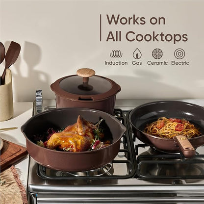 CAROTE Pots and Pans Set, Ceramic Cookware Set Non Stick with Detachable Handle, RV Kitchen Cooking Set, Induction & Oven Safe, Non-Toxic, PFAS and PFOA Free, Dark Choco, 19 Pcs