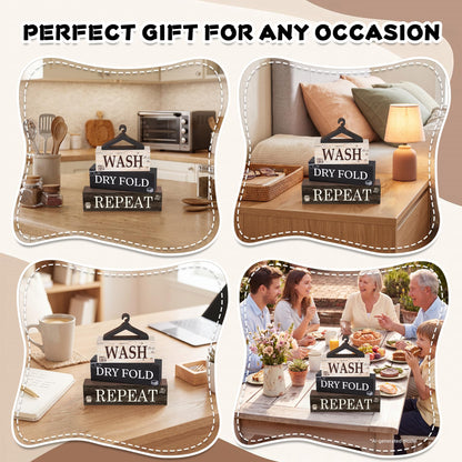 4 Pcs Laundry Wooden Table Decor, Laundry Farmhouse Table Decorations for Home Office