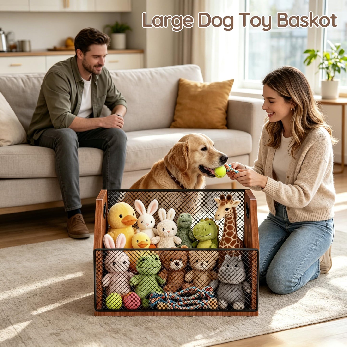 AHUONEL Dog Toy Basket, Chew-Proof Dog Toy Box, Wooden & Metal Pet Toy Storage Organizer, Spacious Toy Storage Bin for Pet Toys, Treats & Home Supplies, Toy Box for Living Room