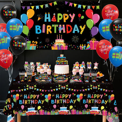 Obussgar Colorful Black Party Decorations - Black and Colourful Party Supplies including Backdrop, Plate, Cake Topper, Cup, Napkin, Balloon, Tablecloth - Serves 20
