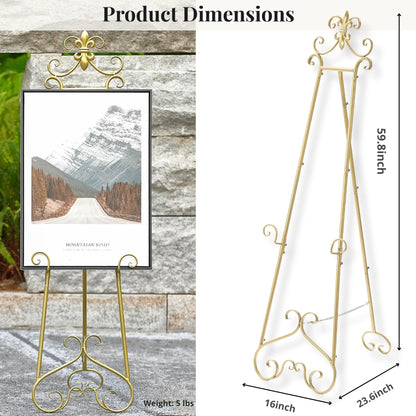 CaliDecor 60” H Gold Easel Stand for Sign, Large Adjustable Metal Display Standing for Displaying Pictures Wedding Poster Holder Showcasing with Chain Support