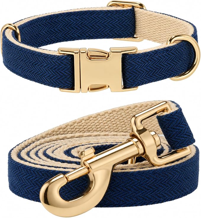 Herringbone Tweed Dog Collar and Leash Set for Large Dogs, Navy Blue | Snag-free, no-rub design. Soft breathable cotton, gentle on fur. Adjustable durable matching combo for walks & outdoors.