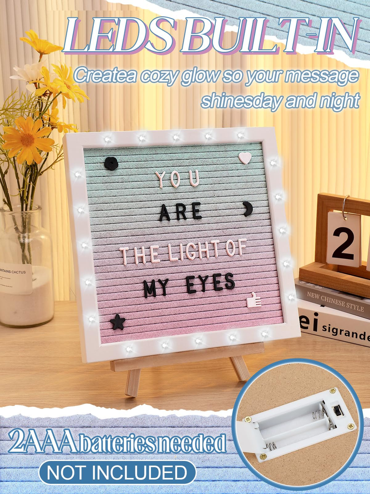 Changeable Felt Letter Board with LED Lights - 10×10" Message Custom Signs & Wood Stand & 450 Letters, Poster Board for Baby/Pregnancy Announcement/Classroom Decor Gifts First Day of School, Gradient