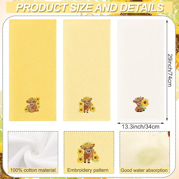 3 Pcs Sunflower Highland Cow Hand Towels Embroidered Highland Cow Farmhouse