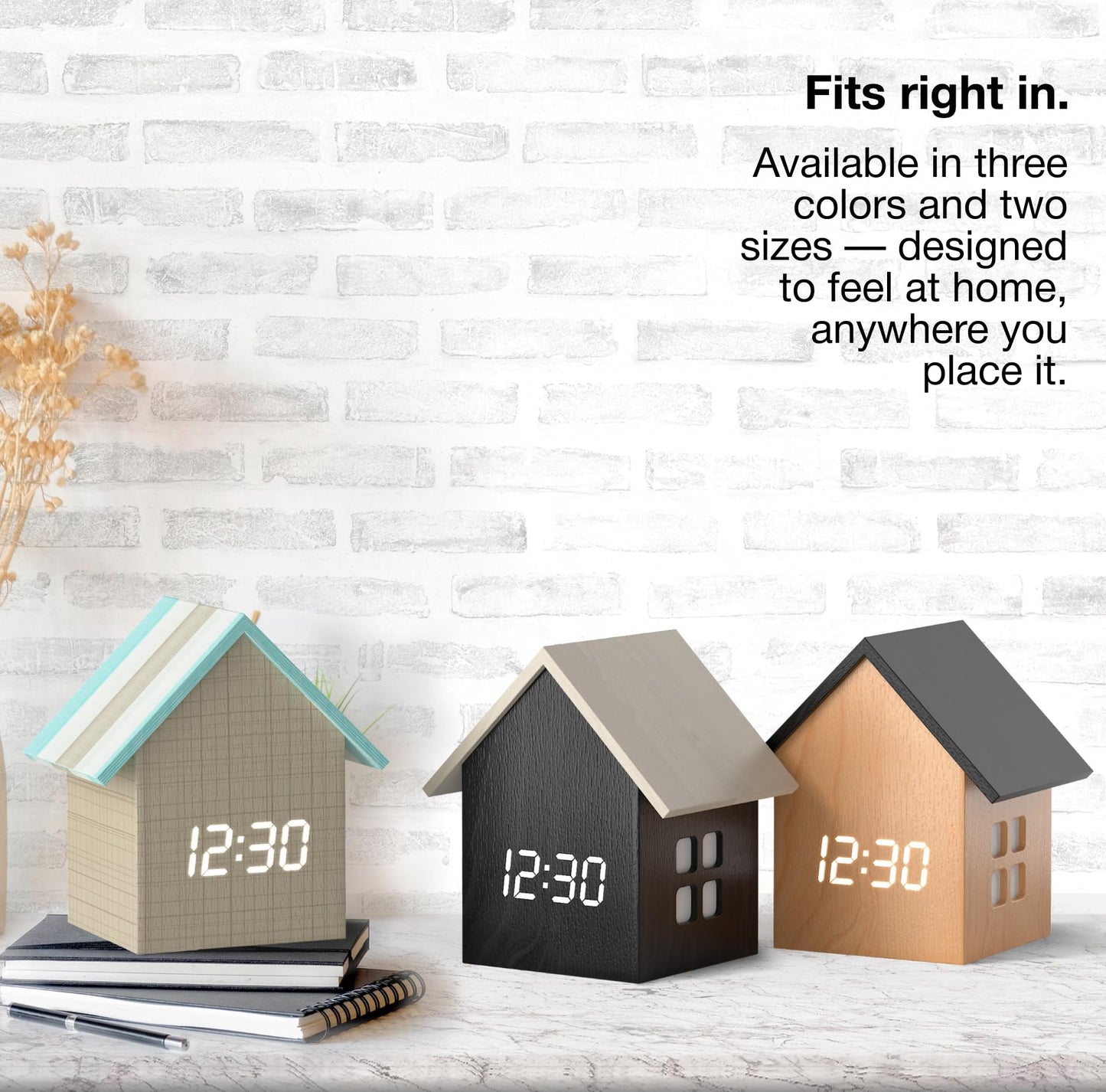 Driini Digital House Shaped Alarm Clock with Temperature Display (Stripe Wood) – Modern Aesthetic - Cute Cube Frame and White LED Dimmer - Perfect Small Desk Clock for Bedside Table or Bedroom Mantle
