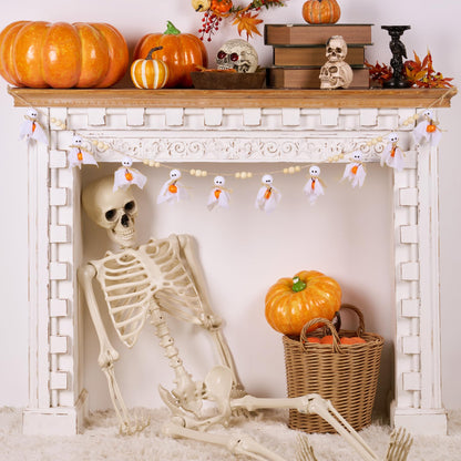 Cute Halloween Ghost with Wooden Beads Garlands, Handmade Rustic Halloween Banner for Wall Home Indoor Outdoor Spring Decor Supplies (Pumpkin)