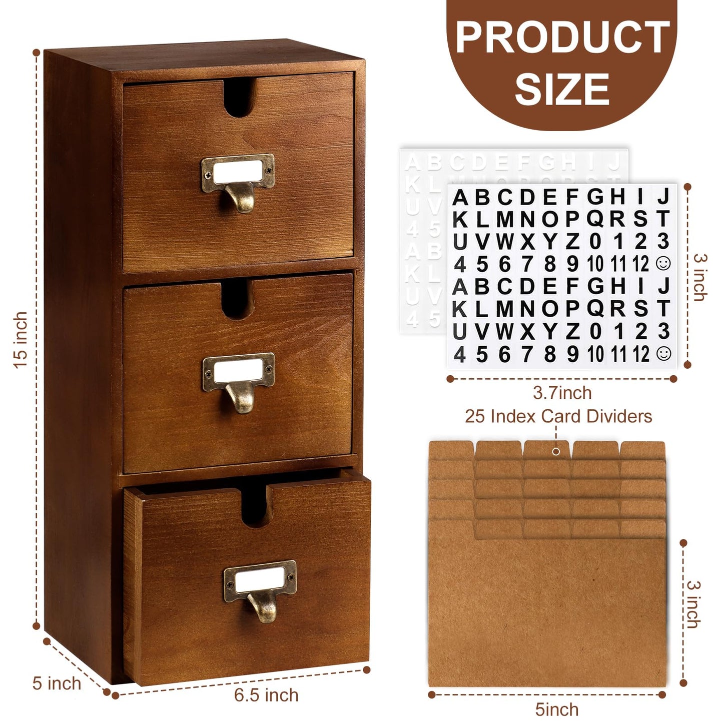DLUGOPIS 3 Tier Index Card Holder 3x5 Wooden Card Catalog Box with 3 Drawers Brown Index Card Storage Box Flash Card Holder 25 Index Card Dividers 2 Letter Smile Stickers for Office