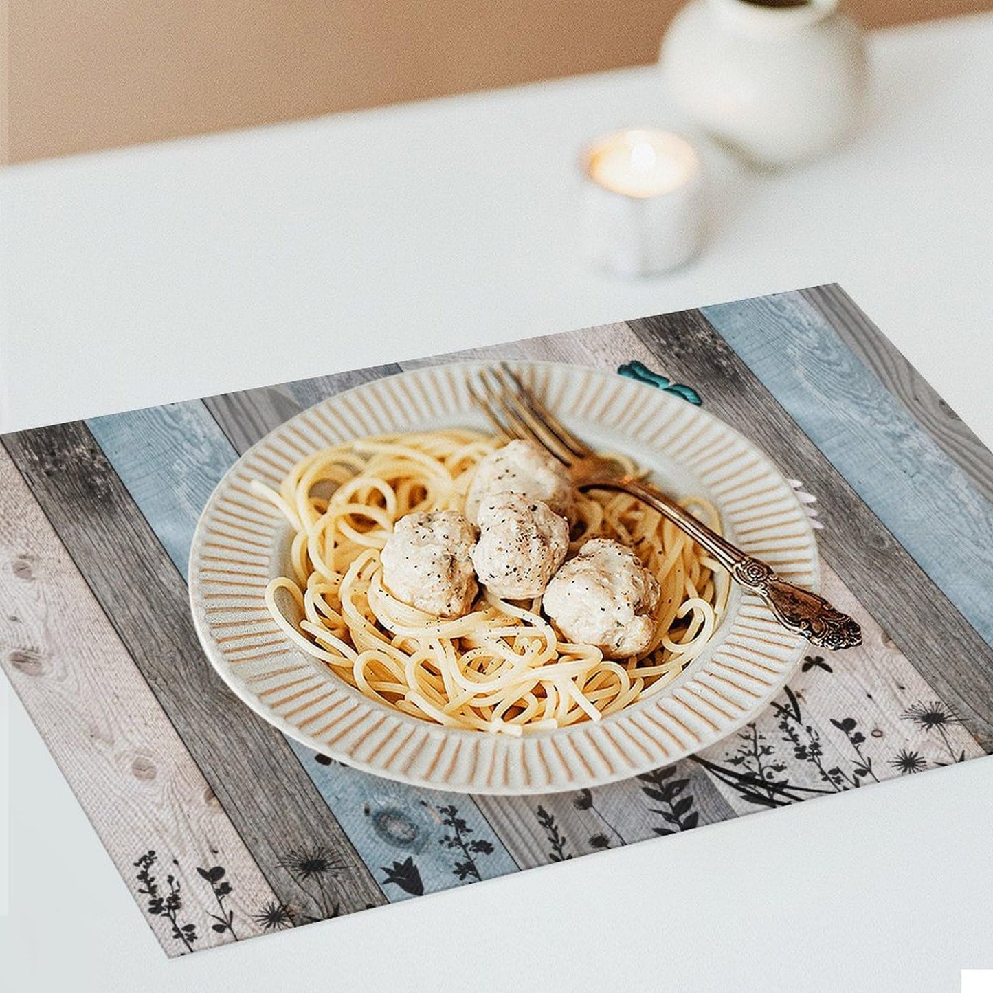 Daisy Floral Placemat Set of 4, 12x18 Inch Rustic Boho Teal Wild Flowers Wooden Butterfly Spring Seasonal Coffee Table Mats for Outdoor Farmhouse Kitchen Dining Table Decoration