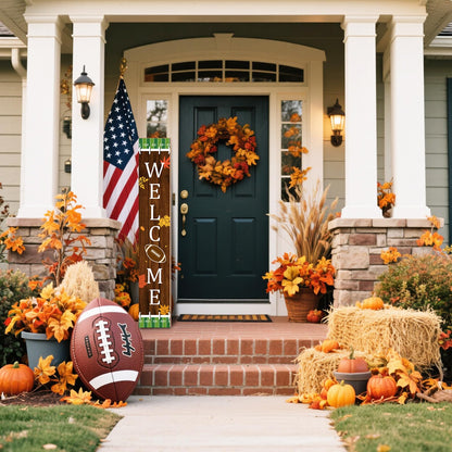 Chunful Football Welcome Sign for Front Door 47 in Fall Football Vertical Porch Decor Rustic Fall Wooden Standing Hanging Plaque for Autumn Harvest Thanksgiving Home Farmhouse Yard Decor