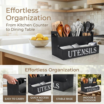 SHAXIXI Wooden Utensil Holder Kitchen, Country Style Cutlery Holder With Drainage Holes In The Bottom (Black)