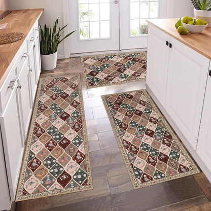PCSWEET HOME Moroccan Trellis Kitchen Rugs Sets of 3 Non Slip Kitchen Rugs and Mats Washable Indoor Door Mat Floral Kitchen Floor Mat Carpet Runner Rugs for Hallway Laundry Room, Brown