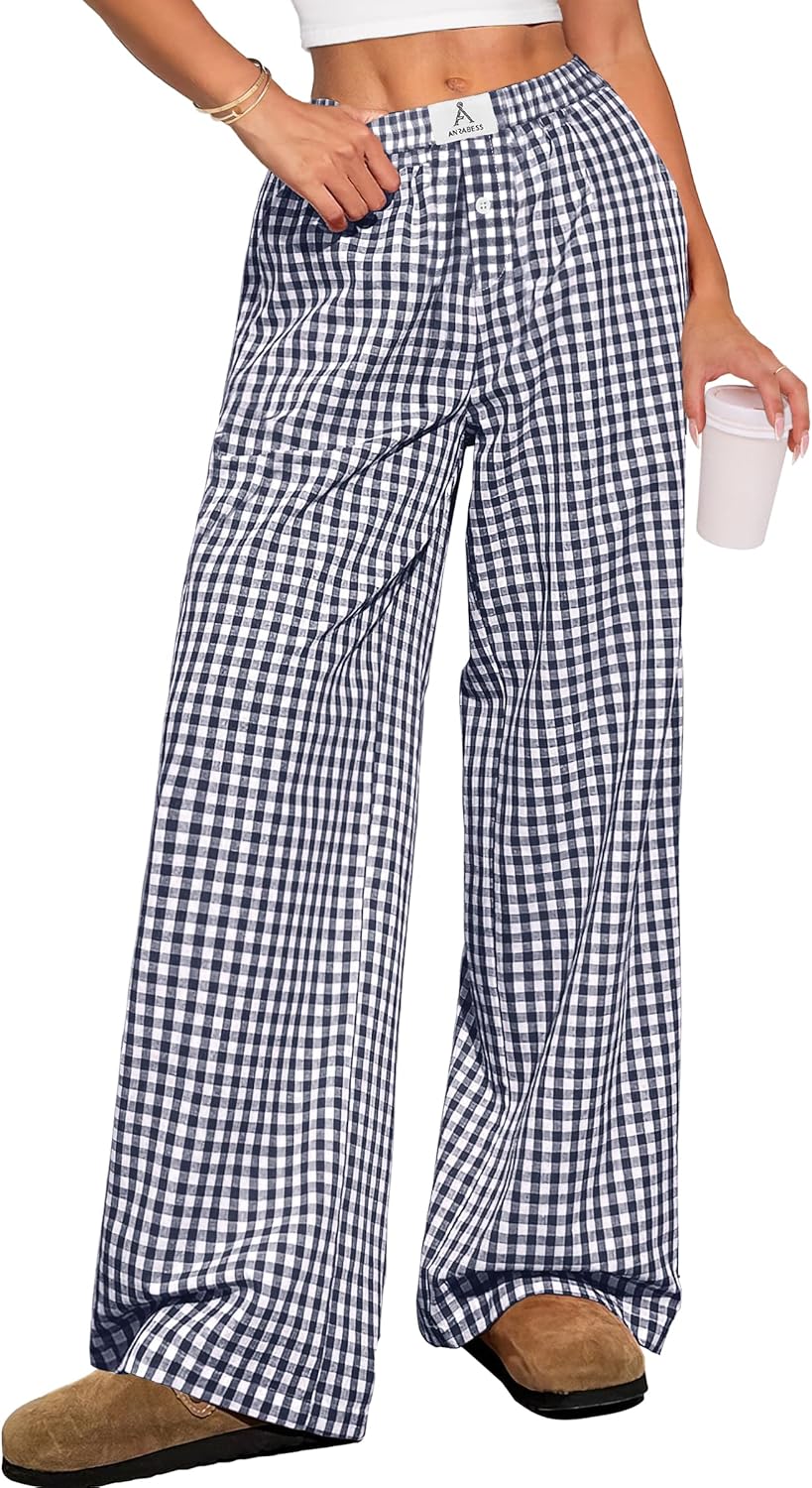 ANRABESS Womens Striped Gingham Pants 2025 Pajama Lounge Boxer Pants Cute Comfy PJ Bottoms with Pockets Y2K Plaid Outfits