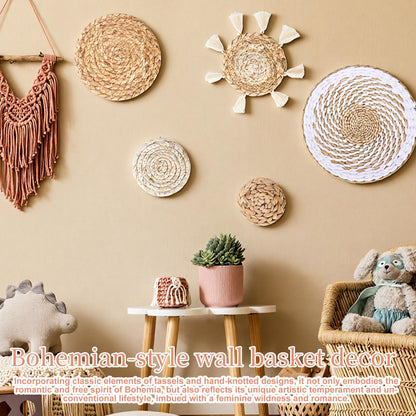 Oqqlin 7 Pcs Boho Wall Basket Decor, Handmade Seagrass Rattan Wicker Wall Decor Flat Round Rustic Woven Hanging Art for Bedroom, Kitchen, Living Room, Office Decorations