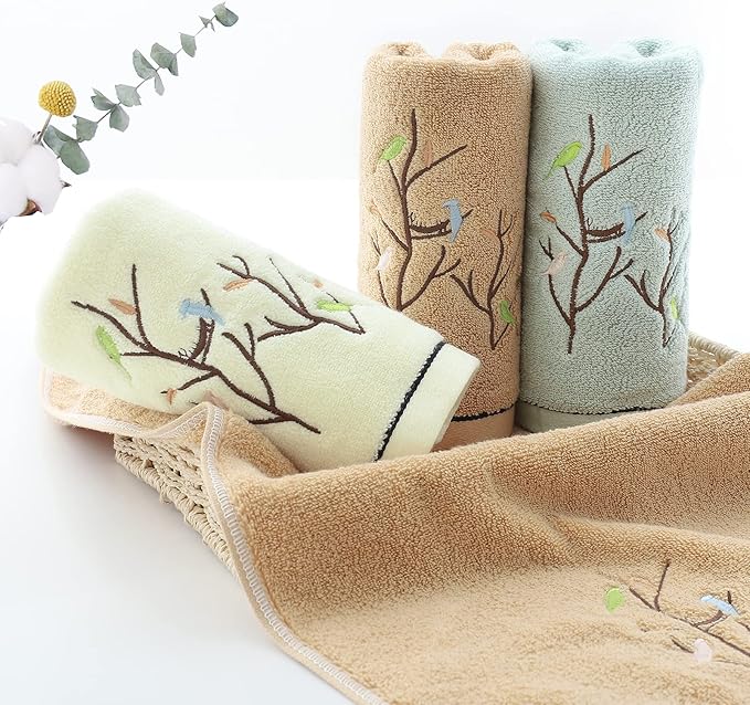 Pidada Bath Hand Towel Set of 3 Embroidered Bird Tree Pattern 100% Cotton Soft