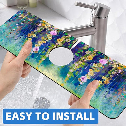 Abstract Watercolor Floral Kitchen Sink Splash Guard Mat Absorbent Fast Drying