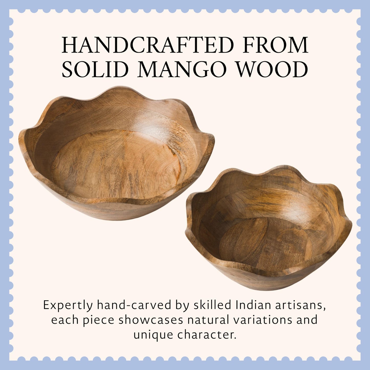 Mela Artisans Set of 2 Scalloped Mango Wood Bowls, 12 in Wide x 4 in Tall and 10 in Wide x 4 in Tall – Hand-Carved Decorative Serving Bowls with Visible Wood Grain