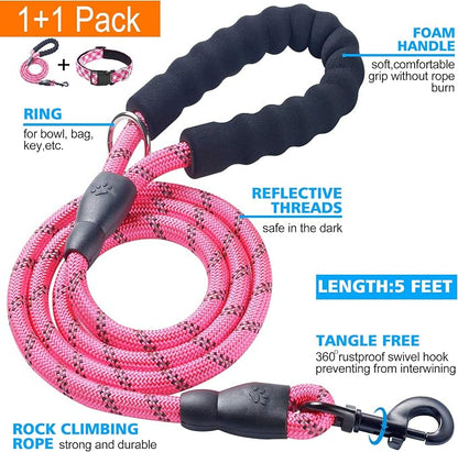 Ladoogo Reflective Dog Collar Padded with Soft Neoprene Breathable Adjustable Nylon Dog Collars for Small Medium Large Dogs (Large (Pack of 1), Pink Plaid Collar+Leash)