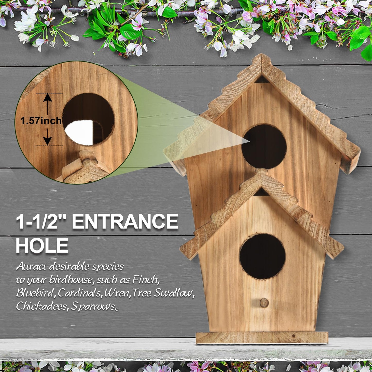 Bird Houses for Outside, Wooden Outdoor 2 Hole Bird House, Can Accommodate 2 Bird Families Suitable for Bluebird,Finch,Cardinals, Garden Hanging Birdhouse No Assembly Required