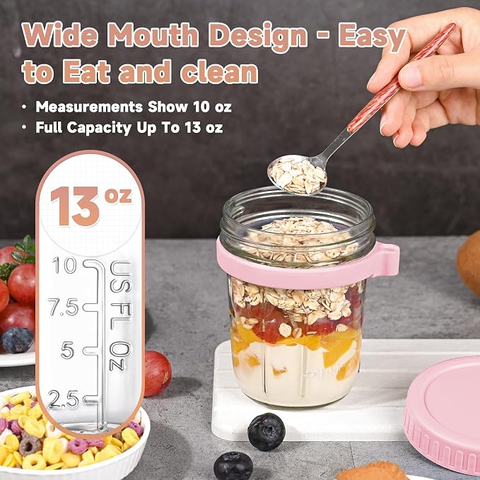 4Pack Overnight Oats Containers with Lids and Spoons,13oz Mason Overnight Oats Jars for Yogurt,Jars for Overnight Oats,Chia Pudding Jars with Lids