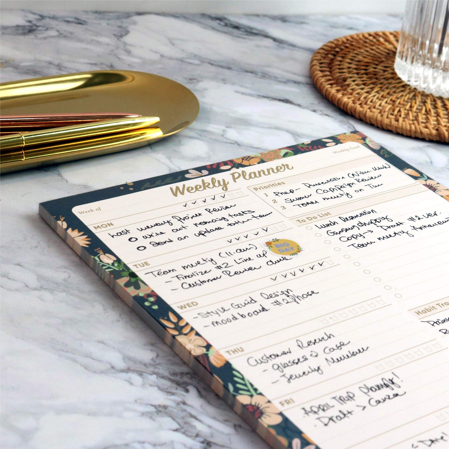 Oriday Weekly Planner Task Organizer Pad - 52 Sheets Undated Planning Tear-away Notepad (7.8" x 10" Dark Flower)