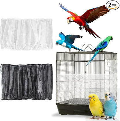 RAINFLOW 2Pcs Bird Cage Seed Catcher - Black White Bird Cage Cover, Birds Cages Netting Skirt Birds Cages Seed Catcher Guard for Parrot Parakeet Enclosures