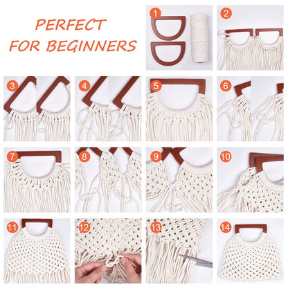 WEBEEDY Macrame Bag DIY Kit for Adults Macrame Kit for Beginners Macrame Purse DIY Kit for Women Macrame Handbag with Wooden Handle Hobbies Project for Starter Christmas Boho Gift Idea (Natural)