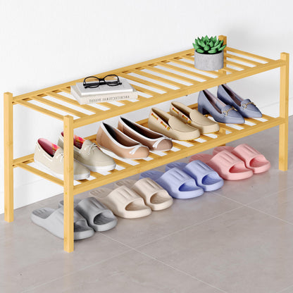 Smiry Bamboo Shoe Rack for Closet, 2 Tier Long Wooden Shoe Organizer, Stackable Wood Shoe Storage Shelf for Entryway, 14 Vertical Slats, One-piece Heavy-Duty Legs, 33.86"x11.02"x12.99", Natural