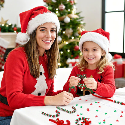 UPINS 2000pcs Christmas Tri Beads,Christmas Beaded Ornament Kit Red Green White Beads Pipe Cleaners Golden Bells for Tree Hanging Wreath Cane Jewelry Making Party Decoration