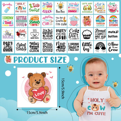 Teling 36 Pcs Iron on Decals Baby Shower Games Iron on Transfers Stickers Patches Baby Bodysuit Making Bibs Decorating Kit Patch Maker for Gender Reveal T Shirt(Cute)