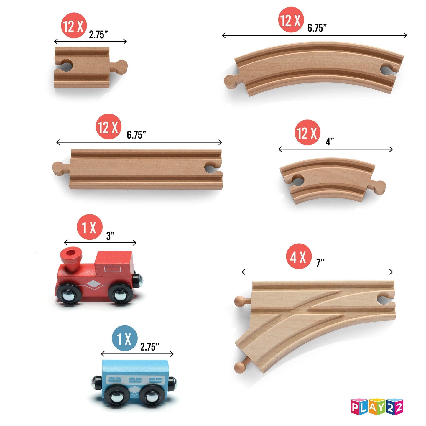 Wooden Train Tracks - 52 PCS Wooden Train Set + 2 Bonus Toy Trains - Train Sets For Kids - Car Train Toys Is Compatible With Thomas Wooden Railway Systems and All Major Brands - Original - By Play22