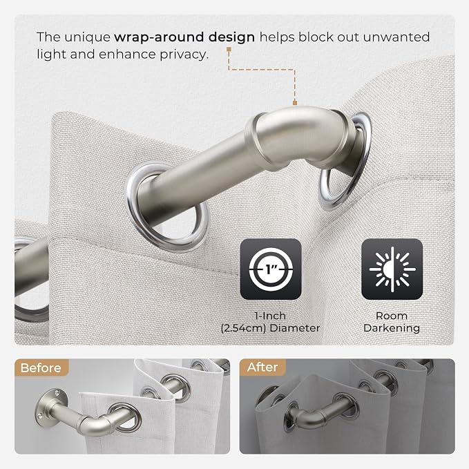 Zeerobee Curtain Rods for Windows 72 to 144, 1 Inch Industrial Wrap Around Brushed Nickel Curtain Rod, Indoor/Outdoor Room Divider Adjustable Drapery Pole, 72"-144"