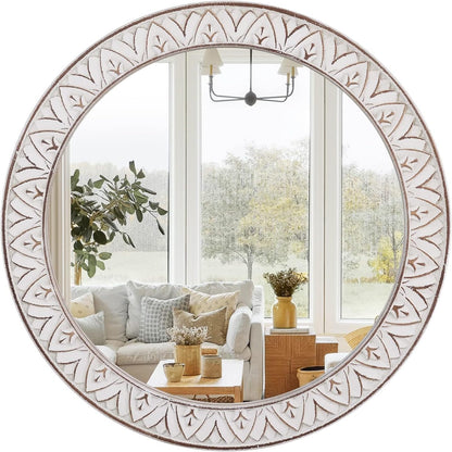 fuxuiwy 20" Round Rustic Mirror Wooden Frame Circle Mirrors, Distressed Wall Mounted Mirror for Bathroom, Bedroom, Living Room, Entryway, Fireplace, Hall