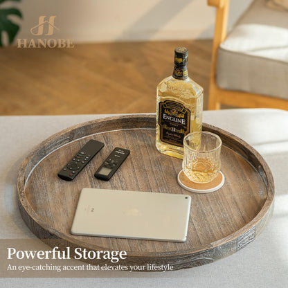 Hanobe Ottoman Tray for Living Room: 22" Decorative Wooden Trays with Handles for Living Room Home Decor Farmhouse Rustic Round Topper for Coffee Table